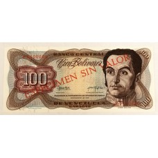 VENEZUELA 1972 . ONE HUNDRED 100 BOLIVARES BANKNOTE . SPECIMEN